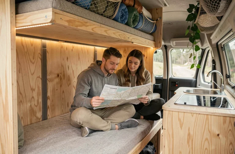 Intérieur d'un petit fourgon aménagé double étage avec deux voyageurs assis sur la couchette inférieure consultant une carte routière
