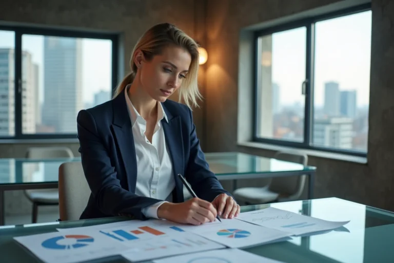 Investisseuse analysant des documents de pitch de start-up dans un espace de co-working moderne à Luxembourg