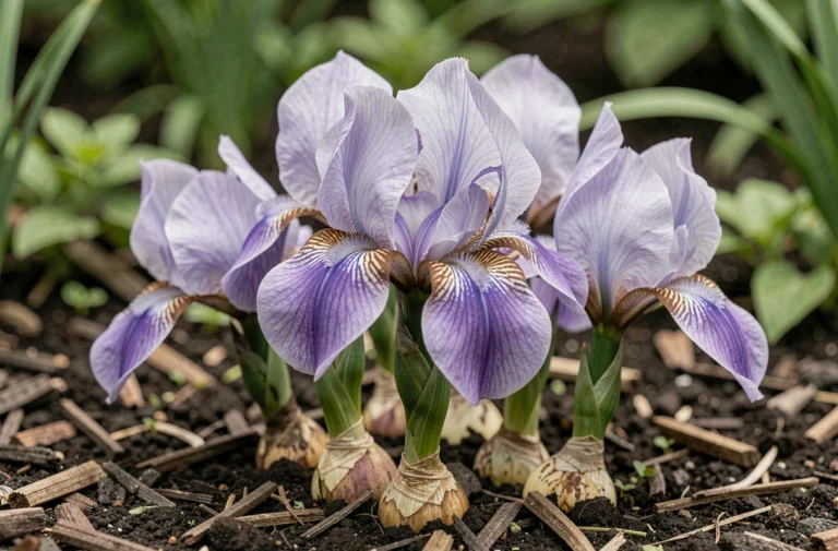 Iris marcheurs en fleur avec rhizomes apparents dans un massif de jardin bien entretenu