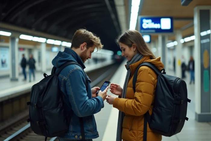 Deux personnes consultant un itinéraire mobile dans une station RER proche de l'Arena Versailles