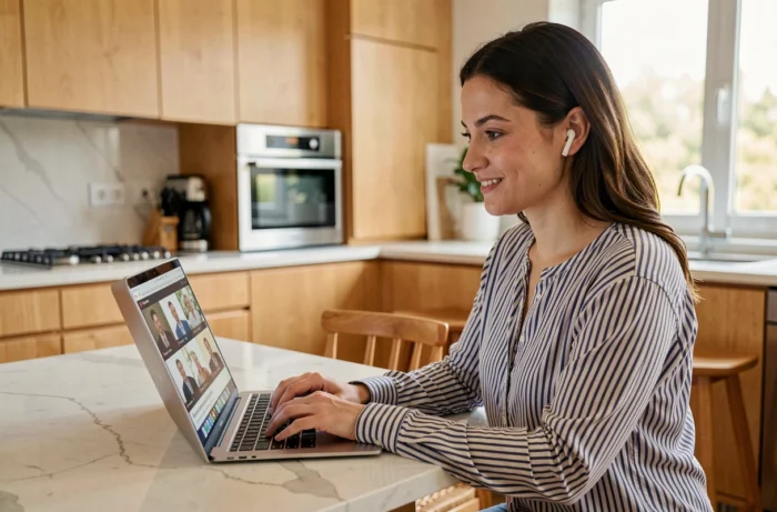 Jeune femme suivant le programme en ligne de LesEntreprisesFrenchy Event 2026 depuis sa cuisine
