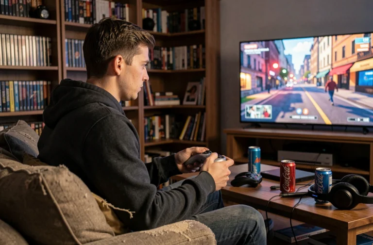 Jeune homme jouant à un jeu vidéo sur console dans un salon gaming authentique avec manette sans fil