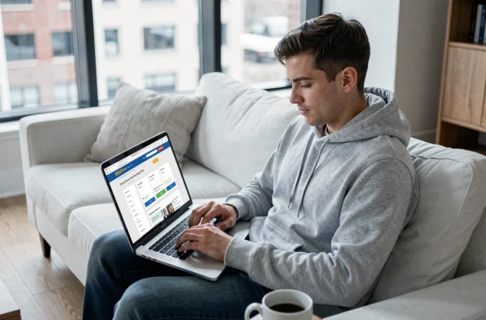 Jeune homme recherchant et comparant des mutuelles santé en ligne sur son ordinateur portable