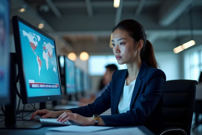 Journaliste femme concentrée dans une salle de rédaction moderne suivant des actualités en direct sur plusieurs écrans