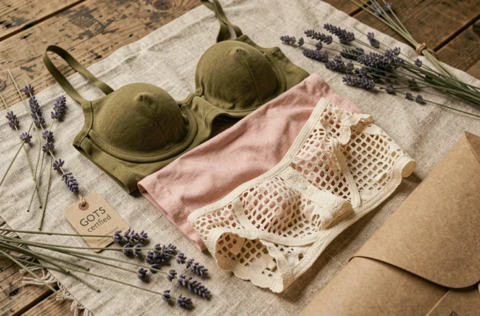 Lingerie éco-responsable en fibres naturelles non teintes et certifiées GOTS disposée sur bois brut avec lavande séchée