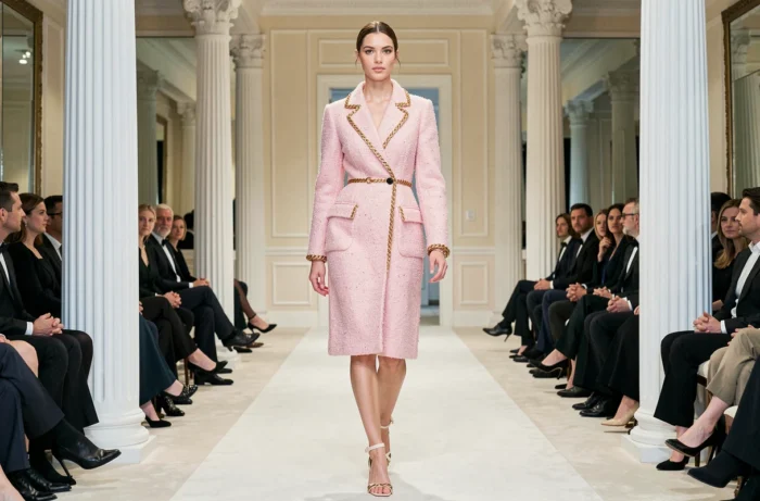 Manichino che sfilano sul palcoscenico Chanel con un cappotto bouclé rosa pallido durante una sfilata di alta moda