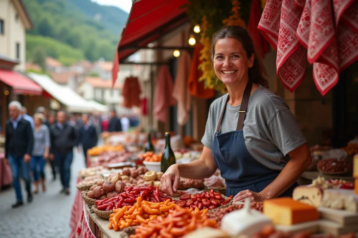 Étal de marché à Dancharia avec des spécialités basques espagnoles comme le jambon de Bayonne, les piments d'Espelette et les fromages artisanaux