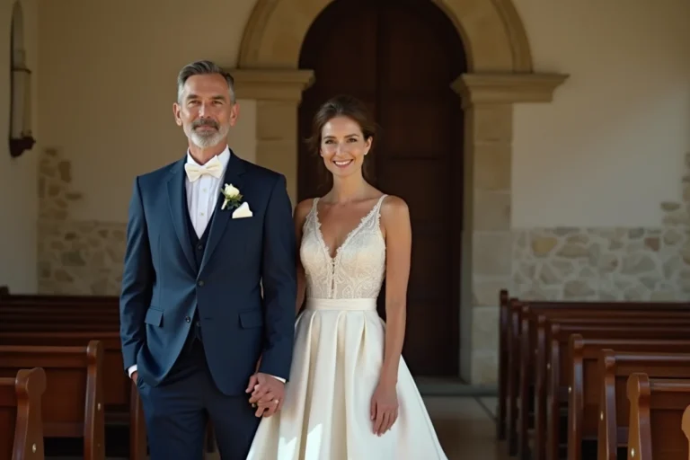 Cérémonie de mariage élégante dans une chapelle de campagne française, couple en tenue de cérémonie classique