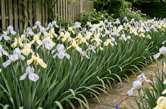 Massif d'iris marcheurs en fleur au printemps le long d'une allée de jardin en pierre
