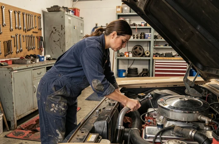 Mécanicienne travaillant sur le moteur d'une voiture musclée classique dans un atelier automobile