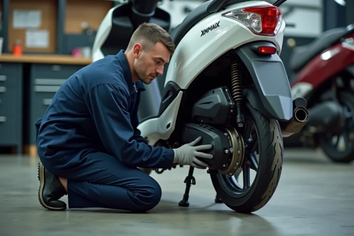 Mécanicien inspectant le variateur et la courroie d'un scooter Yamaha Xmax 125 dans un atelier professionnel