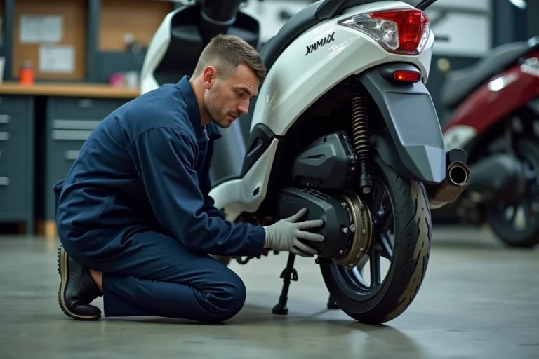 Mécanicien inspectant le variateur et la courroie d'un scooter Yamaha Xmax 125 dans un atelier professionnel