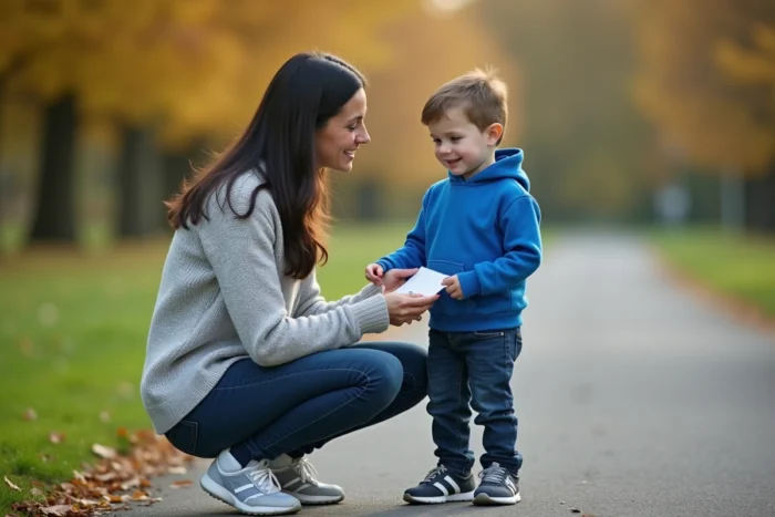 Mère expliquant le plan d'action contre l'asthme à son fils dans un parc, moment de transmission et de réassurance