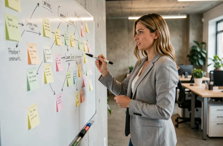 Femme professionnelle utilisant la méthode des 5 pourquoi sur un tableau blanc avec des post-it et des flèches dans un bureau moderne