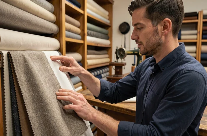 Homme comparant des matières textiles de qualité dans un atelier de tailleur, illustrant le choix des matières sur les motifs