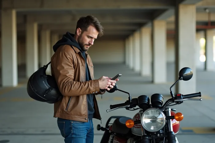 Motard consultant son assurance moto sur smartphone à côté d'une Honda CB 900 Boldor dans un parking en béton