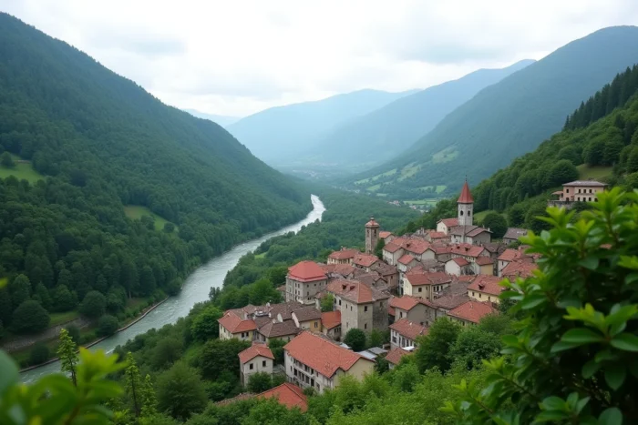 Vue panoramique du village de Dancharia niché dans les contreforts des Pyrénées avec la rivière La Nivelle et les collines verdoyantes