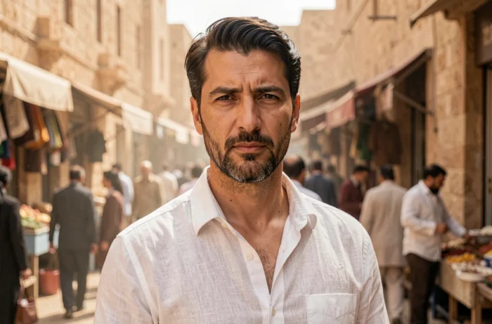 Homme mystérieux au regard énigmatique dans un marché du Moyen-Orient, évoquant le personnage messianique de la série Netflix Messiah