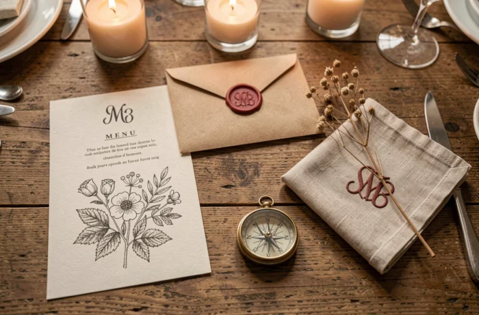 Flatlay de détails de mariage personnalisés incluant un menu illustré, une enveloppe cachetée à la cire, une serviette monogrammée et des fleurs séchées sur une table en bois