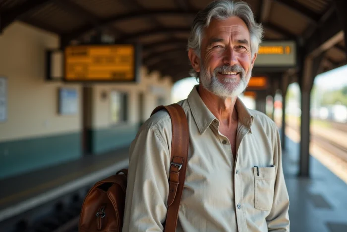 Portrait d'un globe-trotter discret dans la cinquantaine en gare de voyage, sac en cuir sur l'épaule, sourire authentique devant un tableau de destinations