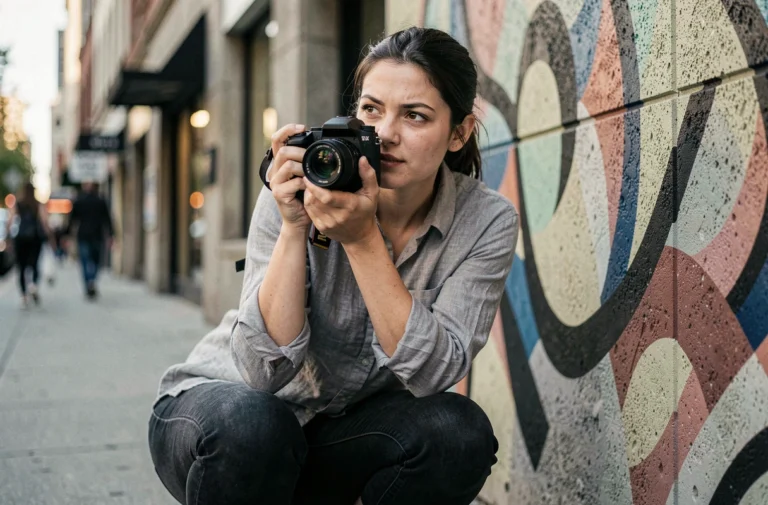 Photographe contemporaine en train de cadrer une scène urbaine avec un appareil photo mirrorless dans une rue colorée aux murs couverts de fresques