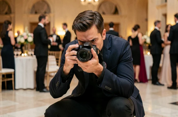 Photographe événementiel professionnel en action lors d'une soirée de gala dans une salle de réception élégante