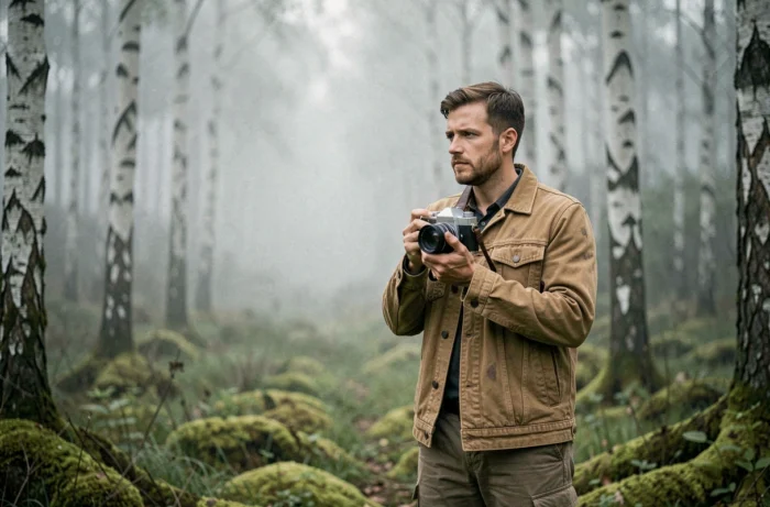 Photographe solitaire en forêt brumeuse tenant un appareil photo argentique, incarnant une approche contemplative et philosophique de la photographie contemporaine