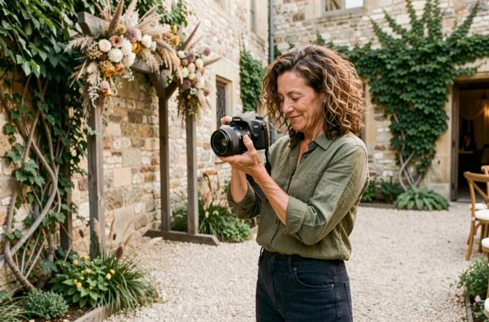 Photographe de mariage féminine consultant ses photos lors d'une cérémonie extérieure dans une cour en pierre rustique