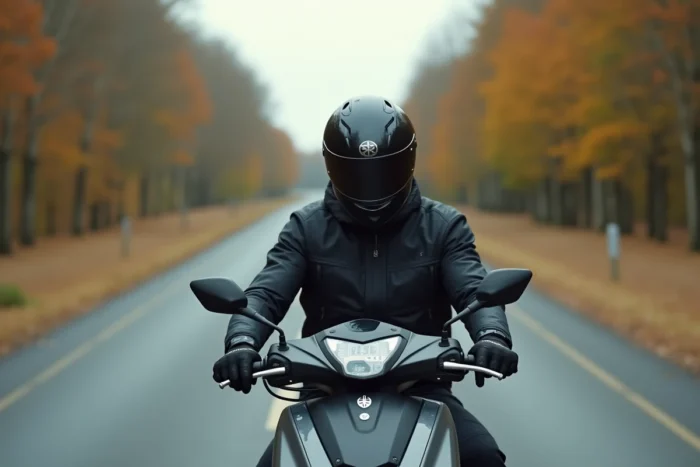 Pilote de scooter Yamaha Xmax 125 vérifiant le tableau de bord sur route ouverte en France