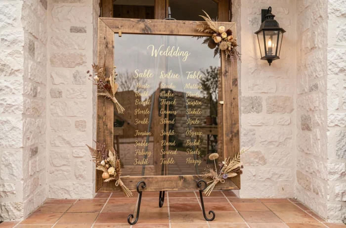 Plan de table de mariage original affiché sur un cadre en bois flotté avec des panneaux en acrylique transparent et une calligraphie dorée à l'entrée d'une salle rustique