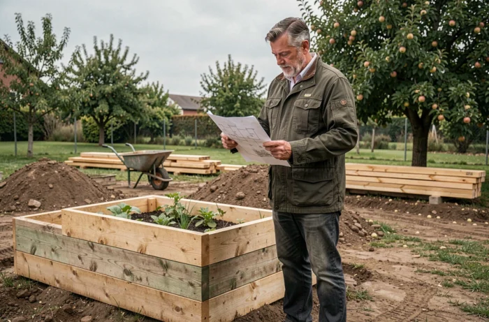 Homme consultant un plan d'aménagement de jardin devant un potager en bois en cours de construction dans un jardin extérieur