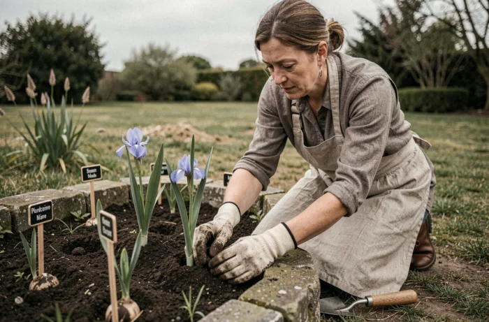 Femme plantant des iris marcheurs dans un massif de jardin avec rhizomes et outils de jardinage