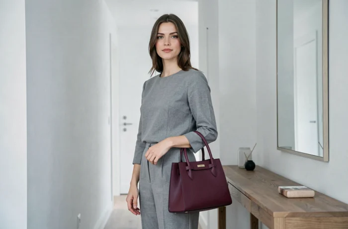 Femme portant une tenue sobre mise en valeur par un seul accessoire marquant, un sac en cuir bordeaux structuré