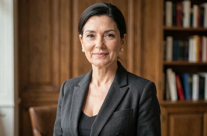 Portrait élégant d'une femme distinguée en intérieur parisien, évoquant le parcours de Carole Ghosn