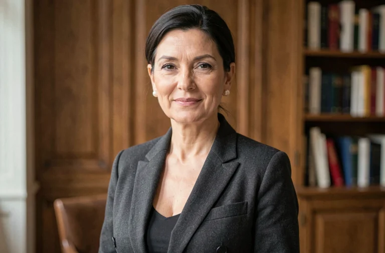 Portrait élégant d'une femme distinguée en intérieur parisien, évoquant le parcours de Carole Ghosn