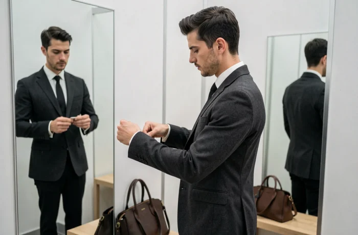 Homme en cabine d'essayage vérifiant l'ajustement d'un blazer dans un miroir, illustrant l'importance du fit sur la marque