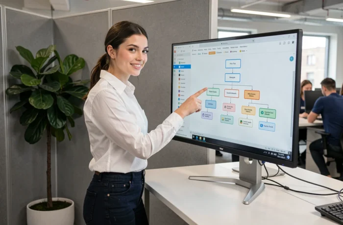 Giovane professionista che presenta la struttura ad albero di un sito web su un grande schermo da ufficio
