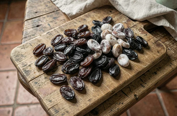 Comparaison de pruneaux frais et périmés sur une planche en bois rustique