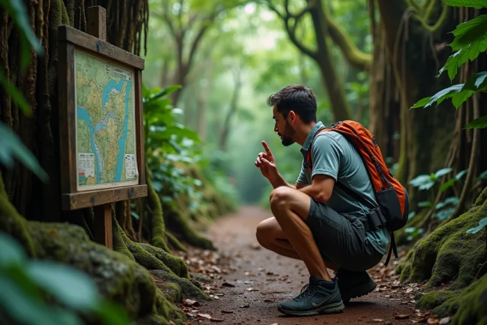 Randonneur étudiant une carte de sentier à l'entrée d'une forêt tropicale lors d'un voyage d'aventure