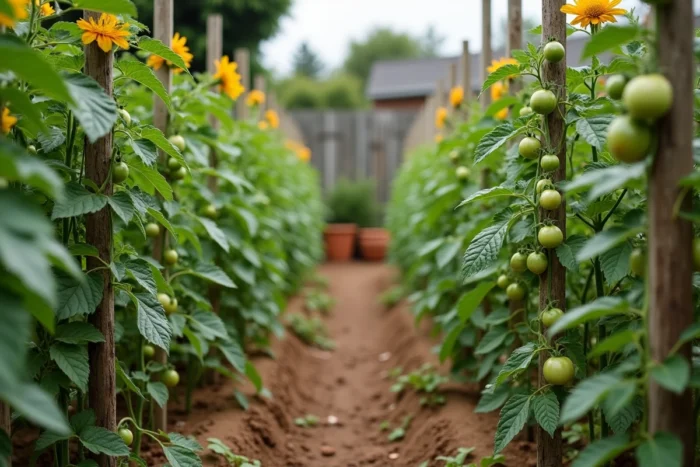 Rangée de plants de tomates avec fleurs et petits fruits verts dans un jardin potager