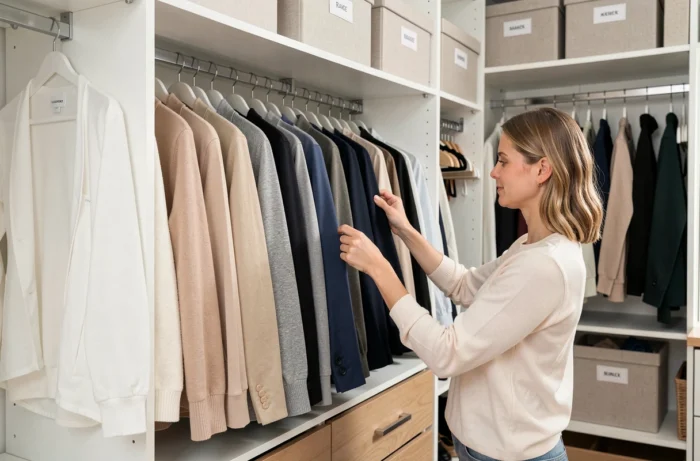 Femme rangeant son dressing par catégorie puis par couleur, avec des vêtements disposés en dégradé chromatique