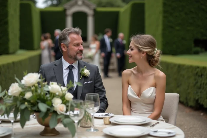 Réception de mariage intime dans un jardin privé français avec couple élégant et décoration florale