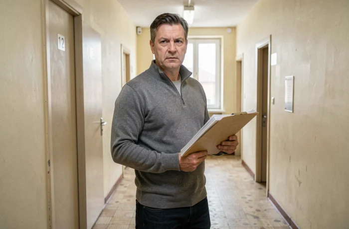Homme tenant un dossier de recours logement dans le couloir d'un immeuble HLM en France