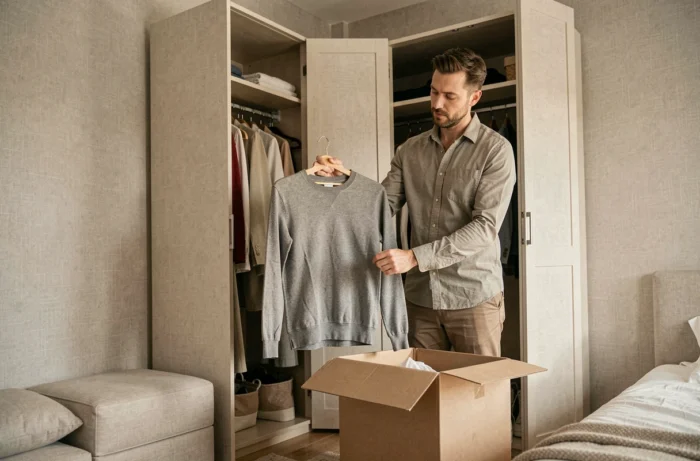 Homme appliquant la règle du retrait mensuel en déposant un vêtement dans une boîte de don près de son dressing