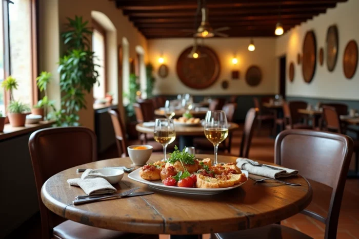 Intérieur rustique d'un restaurant basque traditionnel à Dancharia avec des pintxos, du vin Txakoli et une décoration authentique en poutres apparentes