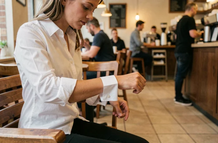 Femme retroussant les manches de sa chemise blanche avec méthode dans un café, illustrant la technique du retroussage