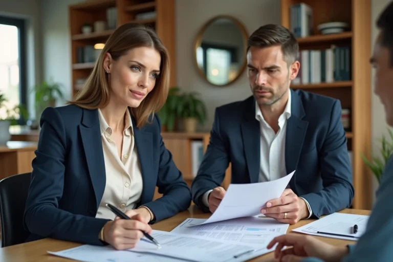 Femme professionnelle en réunion avec un conseiller en assurance dans un bureau moderne, examinant des documents de contrat