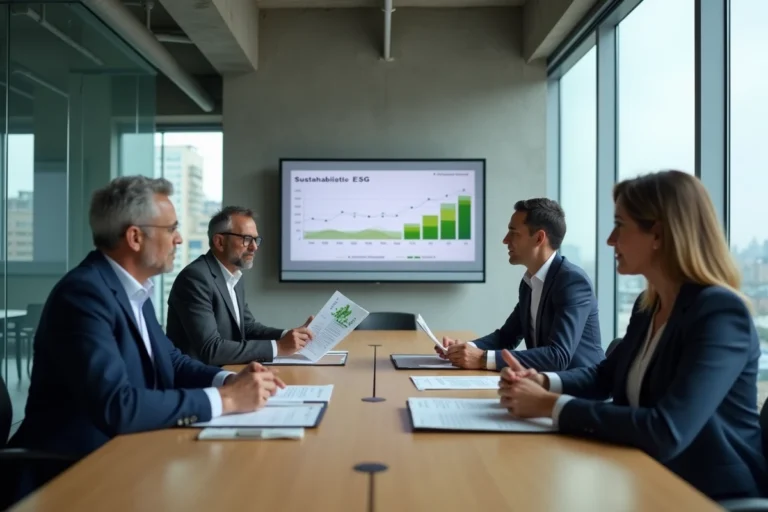 Équipe de professionnels en réunion d'entreprise analysant des rapports ESG et RSE autour d'une table de conférence moderne