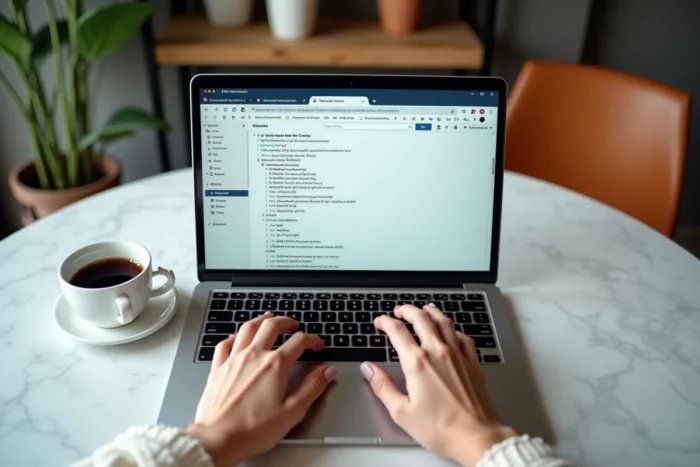 Mains de femme tapant sur un ordinateur portable affichant un fichier XML sitemap dans un café moderne