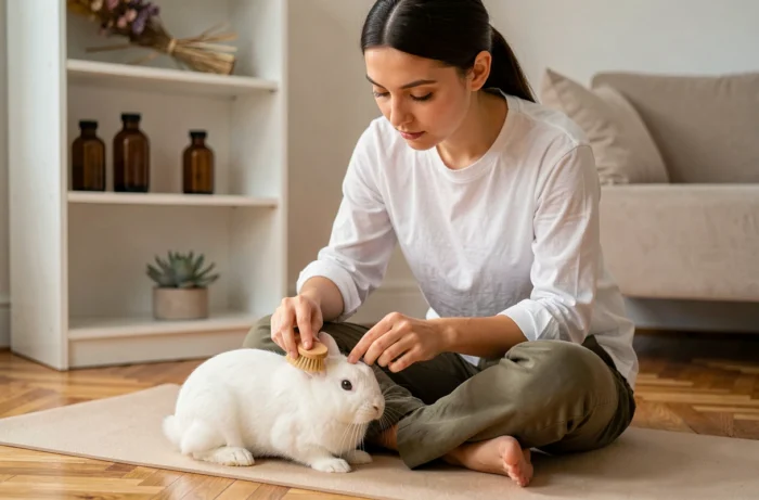 Jeune femme brossant délicatement un lapin blanc avec une brosse naturelle dans un appartement minimaliste